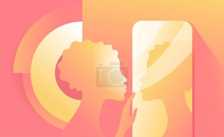 Illustration for Woman silhouette standing and looking at her reflection in a mirror. Self confidence and self awareness concept. Abstract Vector illustration - Royalty Free Image