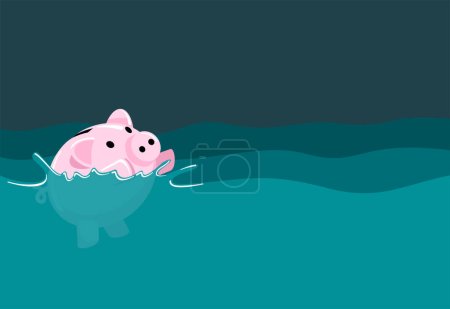 Illustration for Global Economic Crisis - cartoon piggy bank drowning in the sea due to financial problems - Royalty Free Image