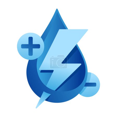Téléchargez les illustrations : Électrolyte Icône de dégradé bleu pour l'eau minérale ou d'autres boissons - ions électriques dans la goutte d'eau - en licence libre de droit