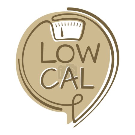 Illustration for Low Cal flat icon for healthy nutrition - weight scales display in pin form - pictogram for dietary low-cal food products. drawn emblem - Royalty Free Image