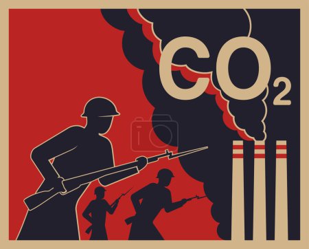 Illustration for Decarbonization program in goals - Net zero carbon footprint. Poster in vintage military style - Royalty Free Image