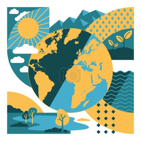 Ilustración de Save Planet concept - Globo de la Tierra en un patrón creativo moderno. Motivación ecológica de protección del medio ambiente. Ilustración vectorial - Imagen libre de derechos