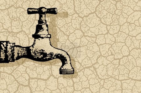 Illustration for Drought and climate change - cracked and scorched ground with rusty and useless water faucet - Royalty Free Image