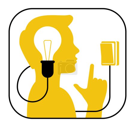 Illustration for Idea or innovation concept - person silhouette with lamp in his head turning on the switch. Mental development, creative solutions or self discipline metaphor - Royalty Free Image