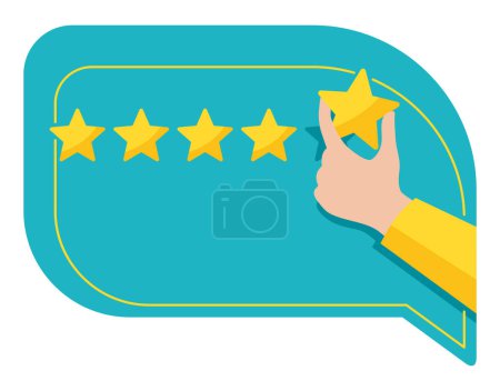 Ilustración de Rate Us motivación - mano sosteniendo la quinta estrella y recogiendo en retroalimentación positiva - mejor nivel de satisfacción y el concepto de los críticos - Imagen libre de derechos