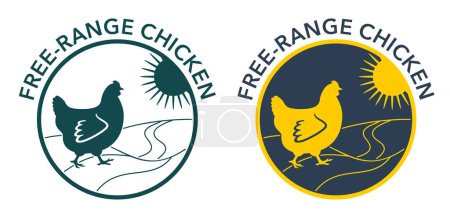 Ilustración de Free-Range Chicken - etiqueta para la carne de animales que viven en la naturaleza, comer alimentos naturales y tomar el sol. Icono aislado - Imagen libre de derechos