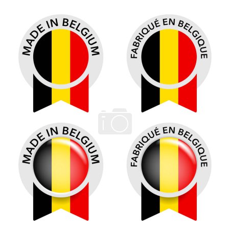 Téléchargez les illustrations : Icône fabriquée en Belgique - autocollant de production de garantie et de qualité avec drapeau du royaume - badge vectoriel isolé noir rouge jaunâtre - en licence libre de droit