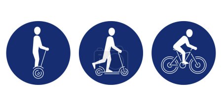 Illustration for City eco transport icons set - bicycle, kick scooter and hoverboard scooter - road signs for parks, areas, streets - Royalty Free Image