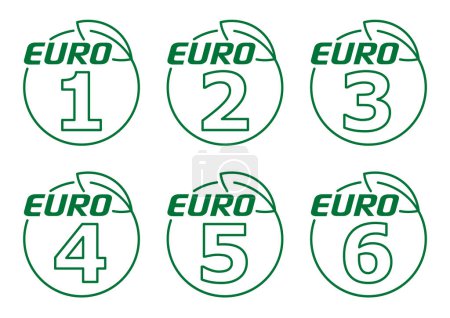 Illustration for Europe emission standards stickers set - EURO from 1 to 6 - acceptable limits for exhaust emissions of new vehicles sold in the EU - Royalty Free Image