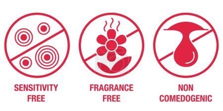 Ilustración de Conjunto de iconos para productos para el cuidado de la piel - Sin sensibilidad, Sin fragancias, Propiedades no comedogénicas - Imagen libre de derechos