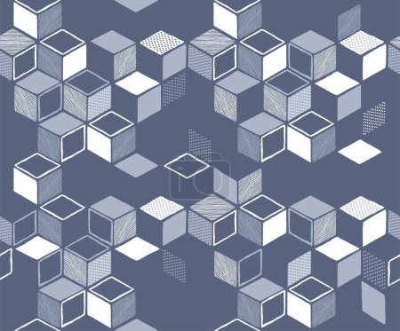 Téléchargez les illustrations : Modèle abstrait dessiné sans couture avec des cubes isométriques - parfait pour l'emballage de sucre - arrière-plan vectoriel moderne répétable en couleur neutre - en licence libre de droit