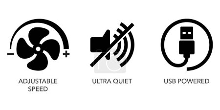 Illustration for Home desk ventilator fan icons set - adjustable speed, ultra quiet, USB powered - Royalty Free Image