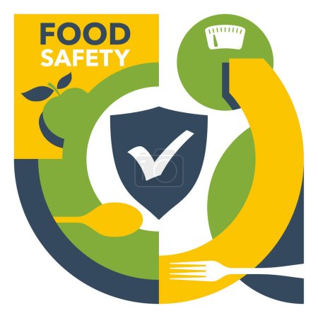 Illustration for Food safety pattern - scientific discipline that prevent food-borne illness. Cooperation of handling, preparation, and storage of food. Isolated modern vector emblem - Royalty Free Image