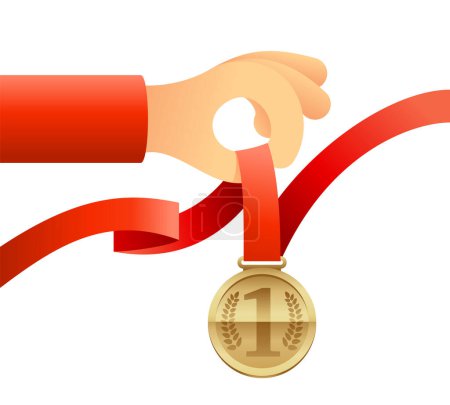 Illustration for Hand holding first place golden medal with red ribbon. Champion award, prize for winner. Idea of victory and success. Isolated flat illustration in 3D style - Royalty Free Image