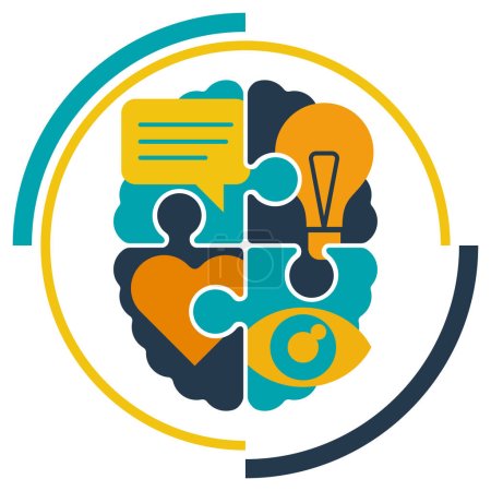 Illustration for Cognitive Psychology concept - Four puzzle pieces as a brain with icon on each piece - Royalty Free Image