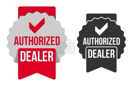 Authorized dealer icon in red seal decoration with check mark. Verified seller isolated badge