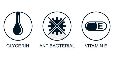 Ilustración de Set de iconos de crema desinfectante para manos o gel para envasado - Glicerina, Antibacteriana, Vitamina E. Pictogramas planos - Imagen libre de derechos
