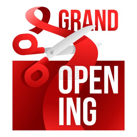 Illustration for Grand Opening banner - Ribbon cutting ceremony. Scissors, red wavy ribbon and text - square poster template - Royalty Free Image