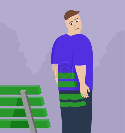 Illustration for Surprised person looking at his dirty pants, because he sat on the bench with wet paint - Royalty Free Image