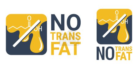 Illustration for NO trans fat square badge - crossed out fatty acid drop with chemical formula. Labeling for natural organic healthy food - Royalty Free Image