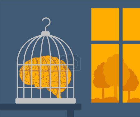 Téléchargez les illustrations : Cerveau en cage à l'intérieur d'une cage à oiseaux près de la fenêtre - concept de psychologie et de développement du cerveau - en licence libre de droit