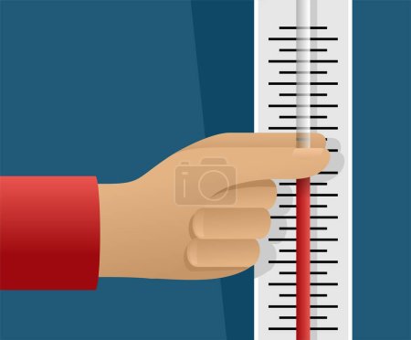 Illustration for Lowering the home temperature for reducing the costs of heating utilities. Hand squeezing thermometer with a finger - Royalty Free Image