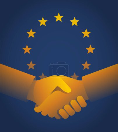 Ilustración de La Unión Europea se mantiene firme junto afiche - Bandera de la UE con apretón de manos. - Imagen libre de derechos