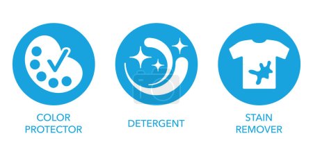 Illustration for Laundry liquid flat blue icons set - Color Protection, Stain Remover, Detergent - Royalty Free Image