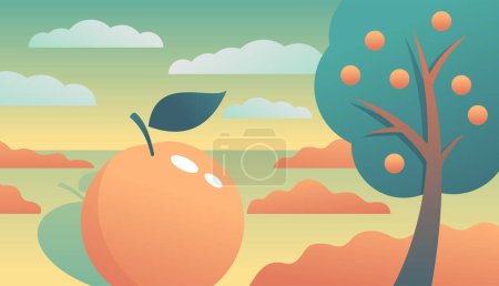 Ilustración de Jardín de manzanas con cosecha de fruta madura - concepto para el mercado local de alimentos - Imagen libre de derechos