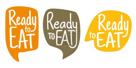 Téléchargez les illustrations : Badges calligraphiques prêts-à-manger pour l'étiquetage des aliments précuits sans préparation ni cuisson préalable - en licence libre de droit