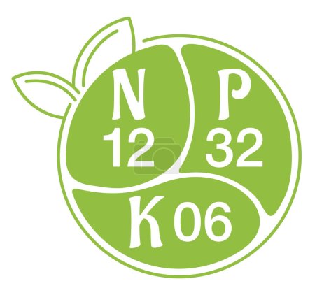 Illustration for N, P, K composition decorative badge - proportions of nitrogen, phosporous and potassium in gardening fertilizers. Nutrients for Leaves, Flower and Roots - Royalty Free Image