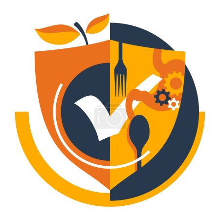 Illustration for Food safety emblem - scientific discipline that prevent food-borne illness. Cooperation of handling, preparation, and storage of food. Isolated modern vector pattern - Royalty Free Image