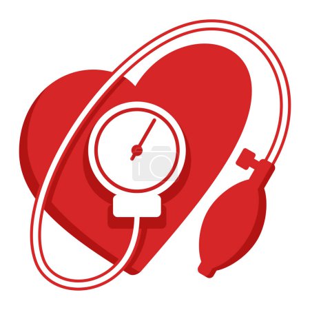 Téléchargez les illustrations : Emblème de contrôle de la pression artérielle avec forme cardiaque et équipement de mesure, pour les pilules cardio-vasculaires contre l'hypertension - icône vectorielle isolée plate. - en licence libre de droit