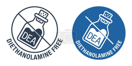 Illustration for Diethanolamine free stamp for cosmetics and dishware - because it has possibly toxic and carcinogenic properties. Isolated vector pictogram - Royalty Free Image