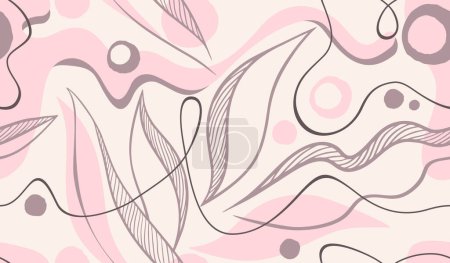 Téléchargez les illustrations : Motif sans couture avec des éléments floraux et ondulés aléatoires - arrière-plan répétable vectoriel artistique dans des couleurs neutres - en licence libre de droit