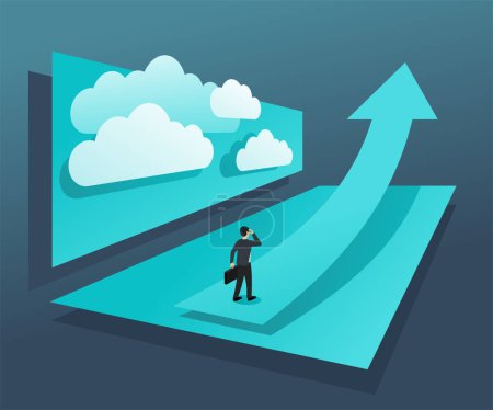 Illustration for Business growth and professional strategy concept - businessman standing at start of the big chart arrow conceptual illustration for banner or poster. Vector illustration - Royalty Free Image