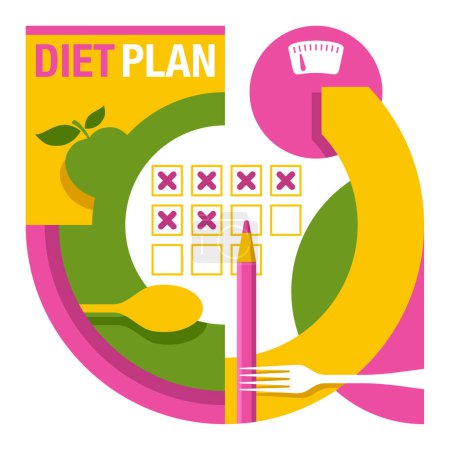 Illustration for Diet plan decoration in style of abstract geometric pattern. Planning of healthy nutrition with thematical picture - isolated vector flyer or layout template - Royalty Free Image