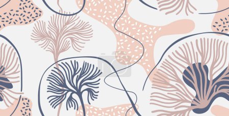 Téléchargez les illustrations : Modèle abstrait doodle sans couture avec des éléments floraux et calligraphiques - arrière-plan reproductible vectoriel moderne dans des couleurs neutres - en licence libre de droit