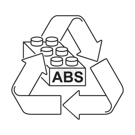 ABS-Kunststoff-Symbol mit Recyclingschild und Anspielung auf beliebtes Kinderspielzeug, das aus diesem Material hergestellt wurde. Isoliertes Vektor-Piktogramm in dünner Linie