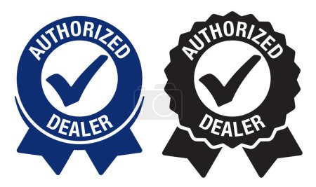 Authorized dealer icon in blue circular seal stamp with check mark. Verified seller isolated badge