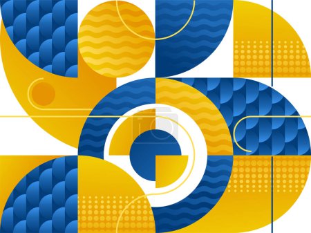 Abstract seamless pattern with different simple blue and yellow circles and segments 