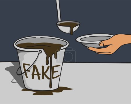 Illustration for Give me a new portion of Fake news, please - drawn bucket of slop with FAKE title - Royalty Free Image