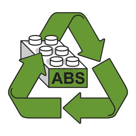 Ilustración de Símbolo de plástico ABS con signo de reciclaje y guiño a los niños populares juguete que hizo de ese material. Pictograma vectorial aislado - Imagen libre de derechos