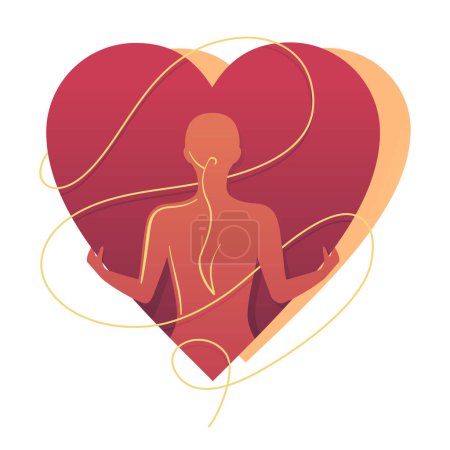 Self-care or self-confidence - woman embracing big heart shape. Isolated Vector thematical illustration.