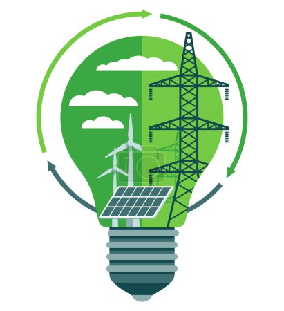 Téléchargez les illustrations : Icône des innovations en matière de sources d'énergie renouvelables - Développement durable. Ampoule, éoliennes et ligne électrique à l'intérieur de la lampe d'idée - en licence libre de droit