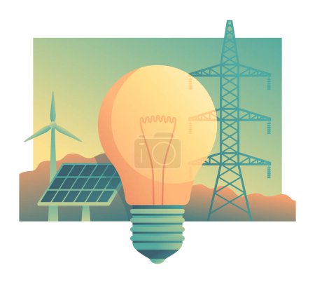 Ilustración de Innovaciones en fuentes de energía renovables - Desarrollo sostenible. Bombilla, turbinas eólicas y línea eléctrica con lámpara de idea - Imagen libre de derechos