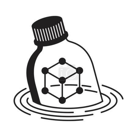 Ilustración de Icono de microplástico - botella de bebida flota en la superficie del océano con pequeñas partículas de plástico - Imagen libre de derechos