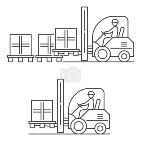 Téléchargez les illustrations : Chargeur de palettes d'entrepôt de chariot élévateur - silhouette de machine d'emballage de pile d'étagère de fret avec conducteur - illustration vectorielle de camion en ligne mince - en licence libre de droit