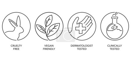 Téléchargez les illustrations : Necessary pictograms set for marking of products in thin line - Vegan Friendly, Clinically Tested, Cruelty Free and Dermatologist tested - en licence libre de droit