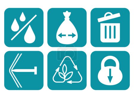 Plastic pack icons set - puncture and leak resistance, high capacity, big size, recyclable or reusable. Green pictograms set in square shape